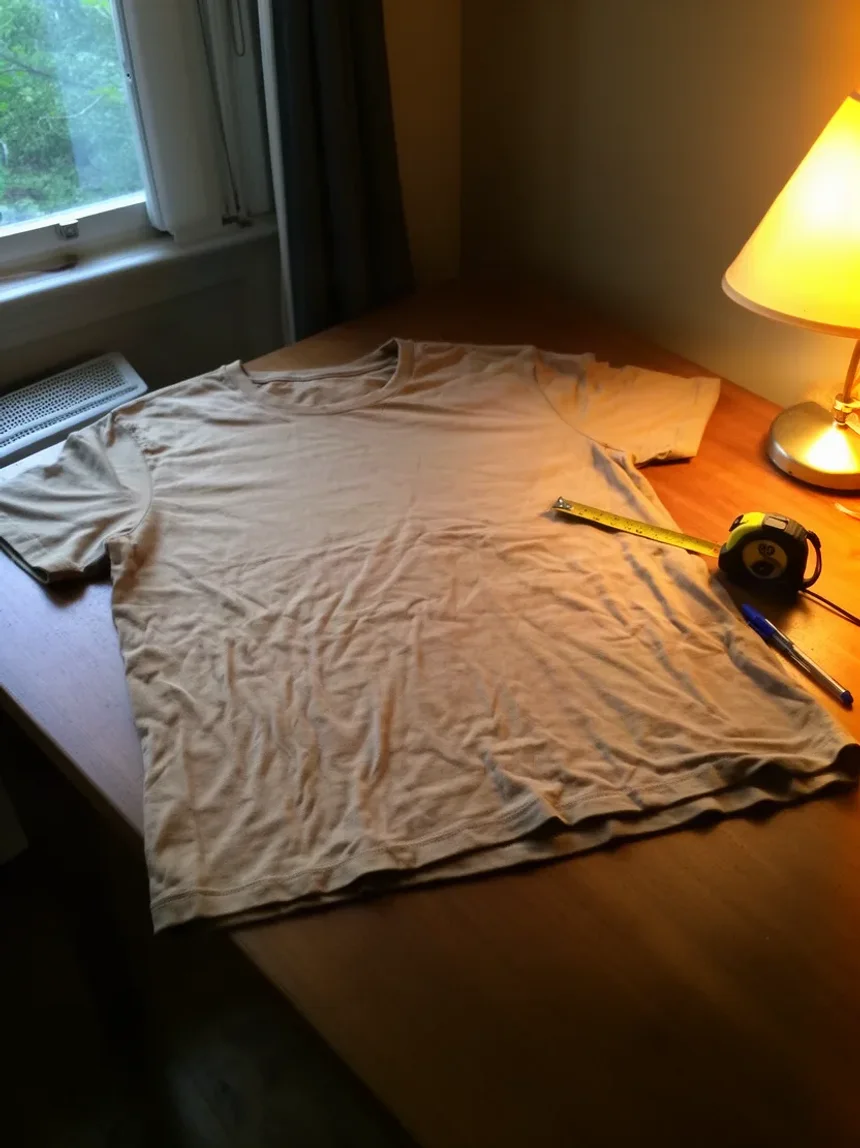 Una remera arrugada sobre una mesa, fotografiada con un celular bajo la luz de un velador